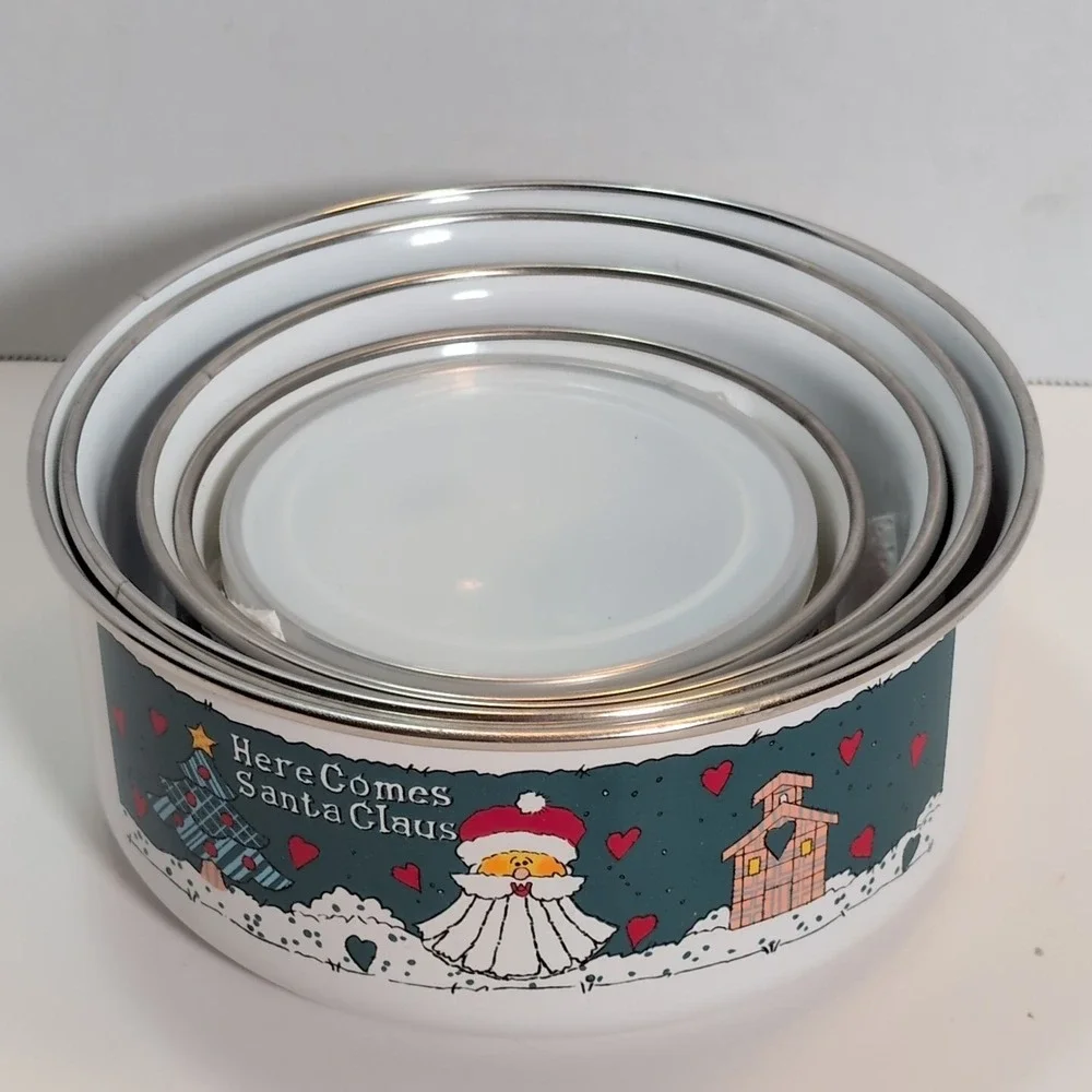 Vintage Christmas Enamel Nesting Storage Bowls - Set Of - 5 Great Condition - Picture 2 of 10